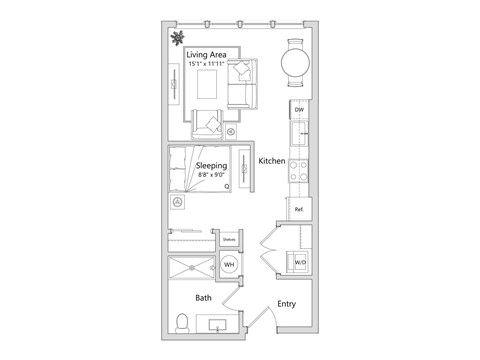 A floor plan of a small apartment with a living area, sleeping area, kitchen, bath, and entry.